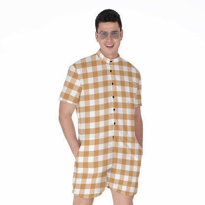 Brown And White Gingham Pattern Print Men's Rompers