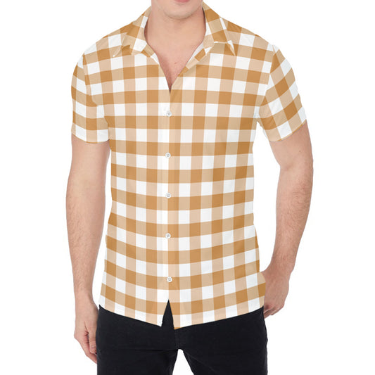 Brown And White Gingham Pattern Print Men's Shirt