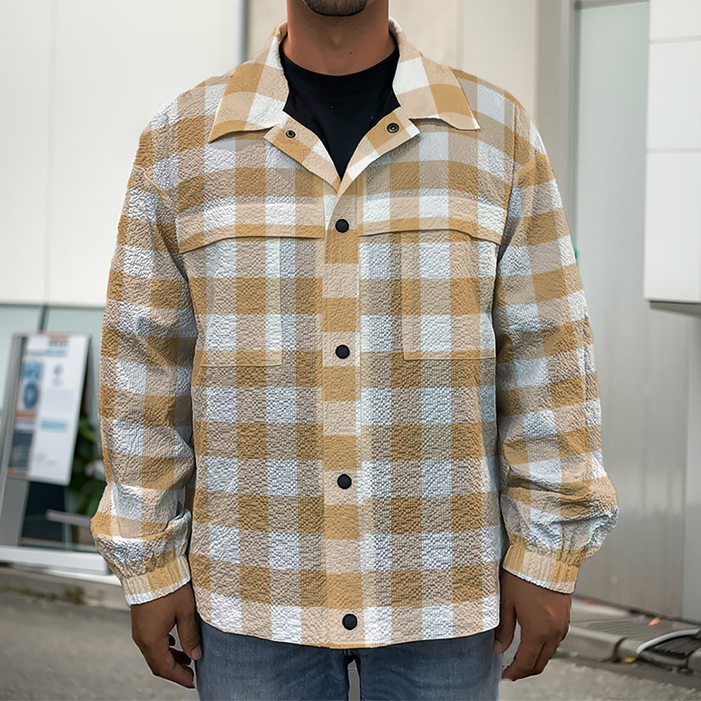 Brown And White Gingham Pattern Print Men's Shirt Jacket