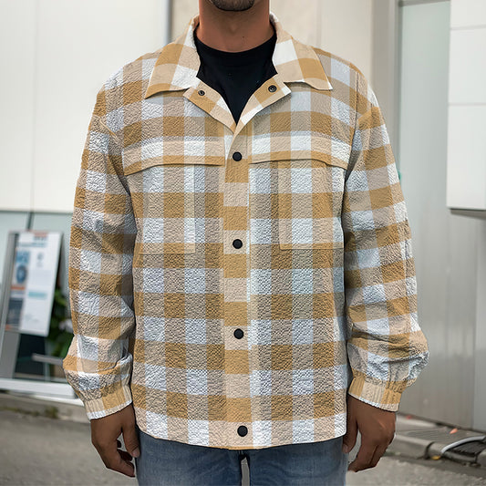 Brown And White Gingham Pattern Print Men's Shirt Jacket
