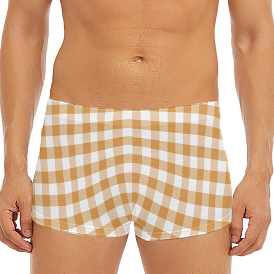 Brown And White Gingham Pattern Print Men's Short Boxer Briefs