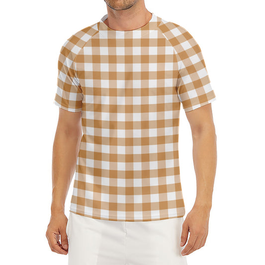 Brown And White Gingham Pattern Print Men's Short Sleeve Rash Guard