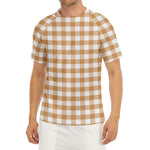 Brown And White Gingham Pattern Print Men's Short Sleeve Rash Guard