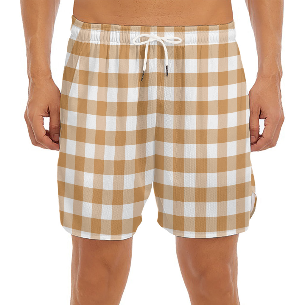 Brown And White Gingham Pattern Print Men's Split Running Shorts