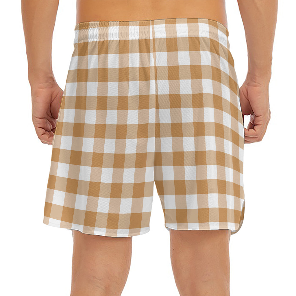 Brown And White Gingham Pattern Print Men's Split Running Shorts