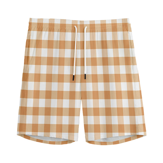 Brown And White Gingham Pattern Print Men's Sports Shorts