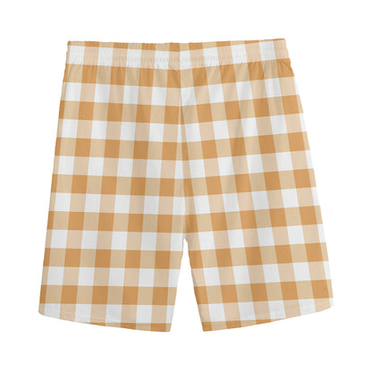 Brown And White Gingham Pattern Print Men's Sports Shorts