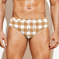 Brown And White Gingham Pattern Print Men's Swim Briefs