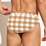 Brown And White Gingham Pattern Print Men's Swim Briefs