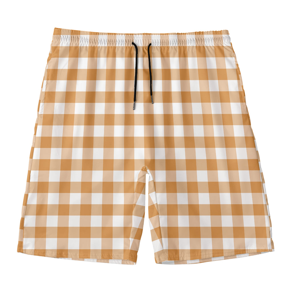 Brown And White Gingham Pattern Print Men's Swim Trunks