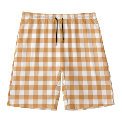 Brown And White Gingham Pattern Print Men's Swim Trunks