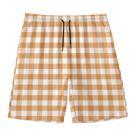 Brown And White Gingham Pattern Print Men's Swim Trunks