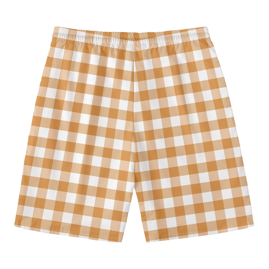 Brown And White Gingham Pattern Print Men's Swim Trunks