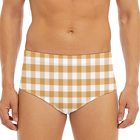 Brown And White Gingham Pattern Print Men's Triangle Swim Briefs