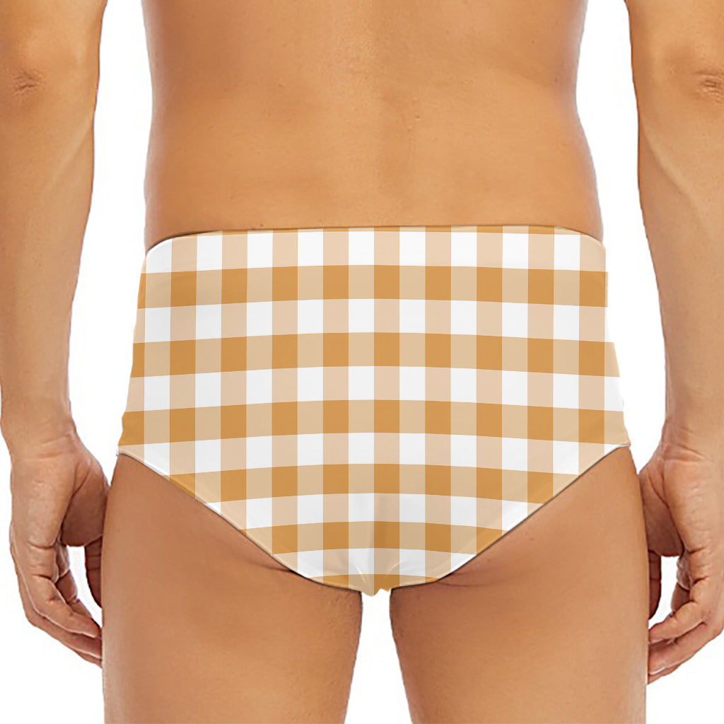 Brown And White Gingham Pattern Print Men's Triangle Swim Briefs