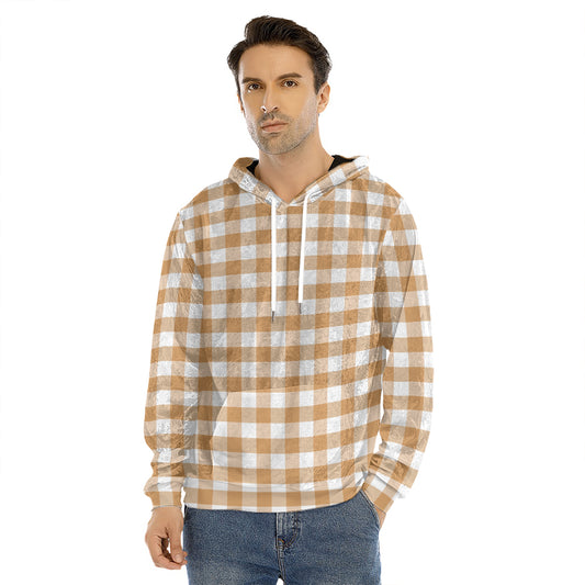 Brown And White Gingham Pattern Print Men's Velvet Pullover Hoodie