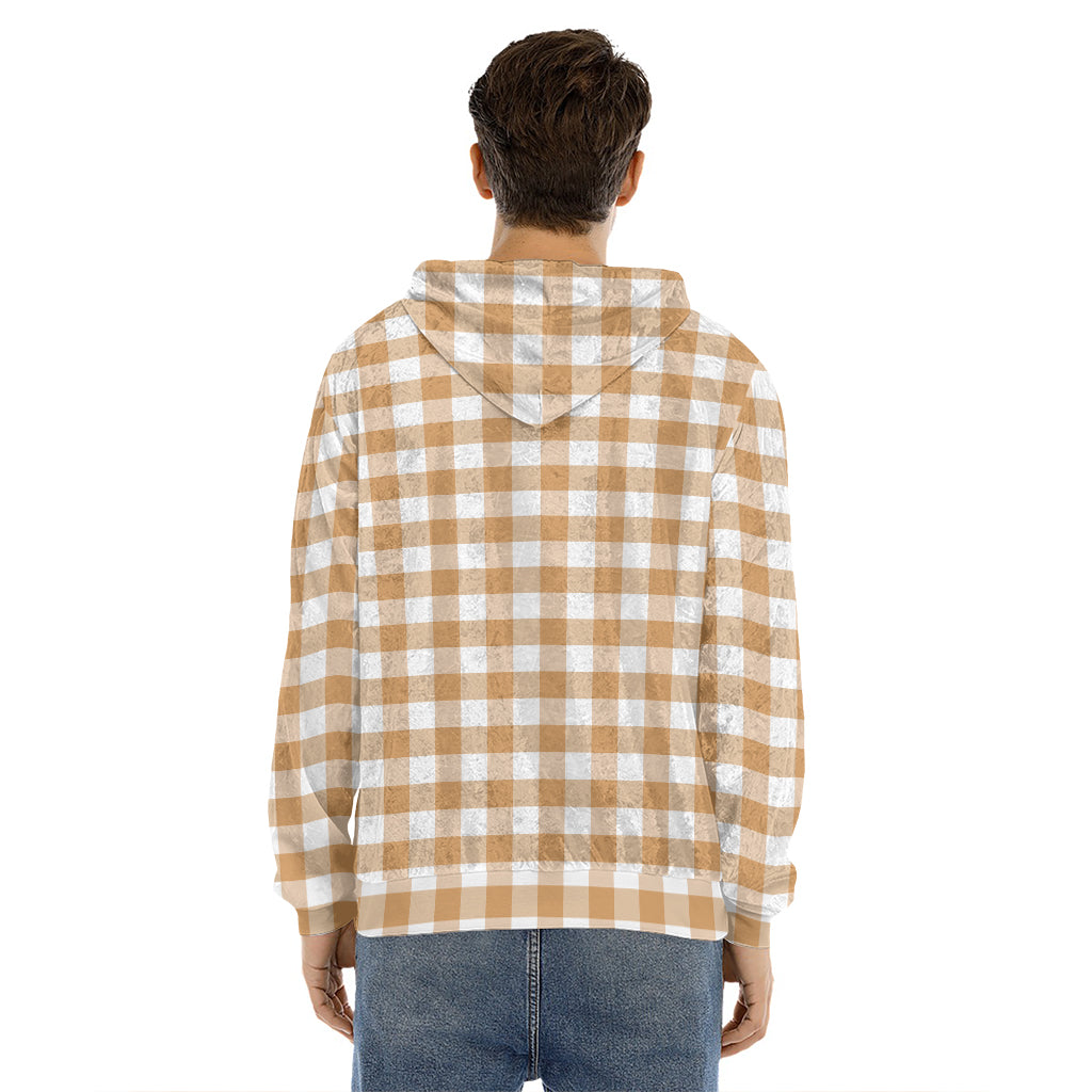 Brown And White Gingham Pattern Print Men's Velvet Pullover Hoodie