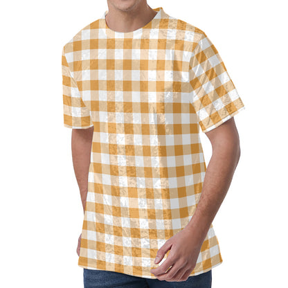 Brown And White Gingham Pattern Print Men's Velvet T-Shirt