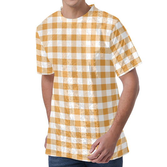 Brown And White Gingham Pattern Print Men's Velvet T-Shirt