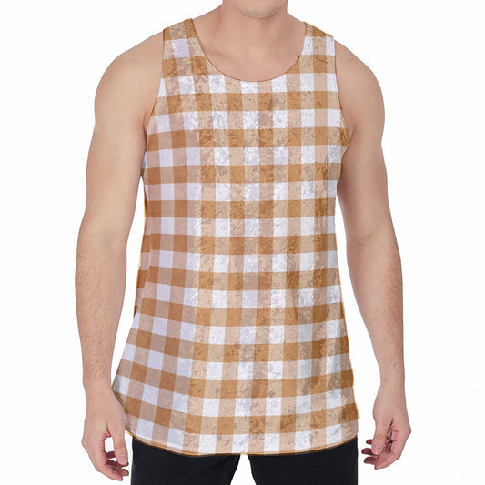 Brown And White Gingham Pattern Print Men's Velvet Tank Top