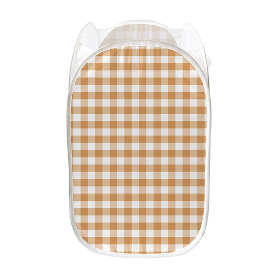 Brown And White Gingham Pattern Print Mesh Laundry Hamper