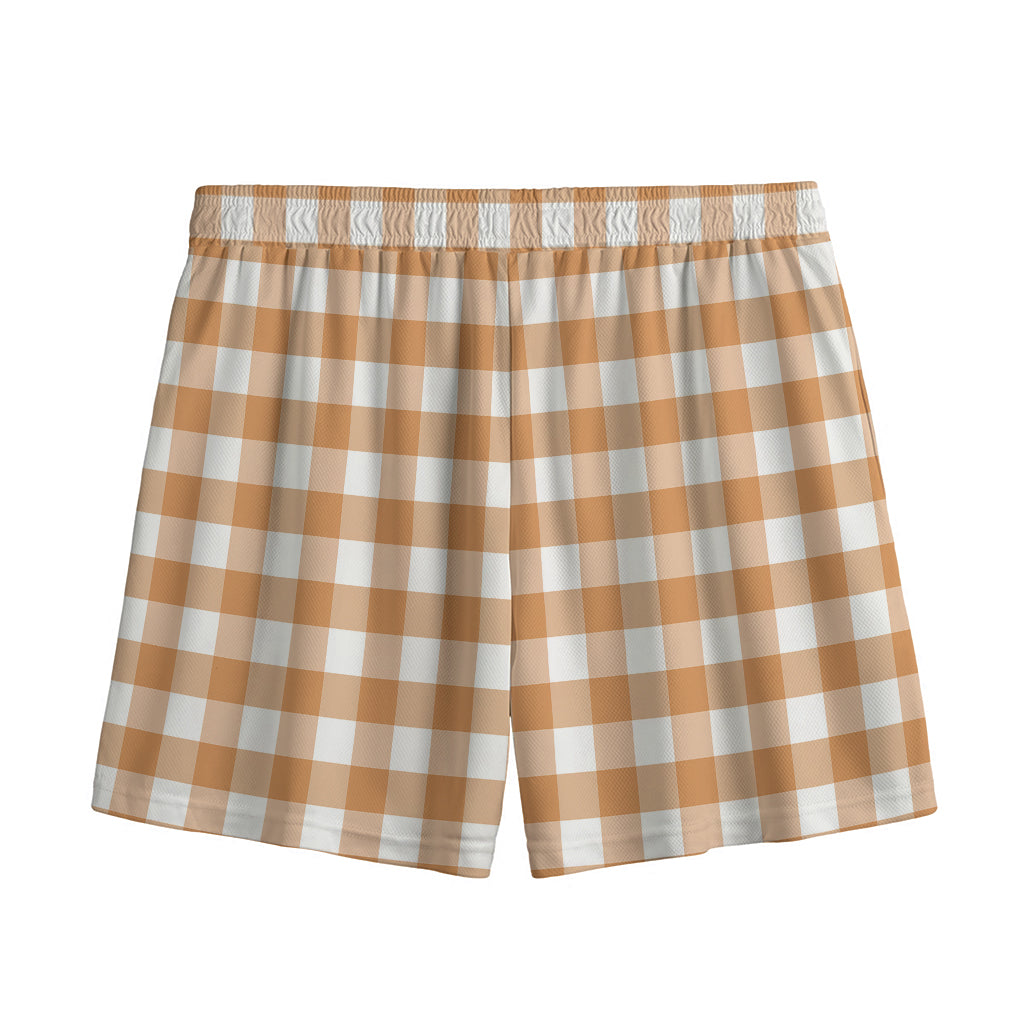 Brown And White Gingham Pattern Print Mesh Shorts