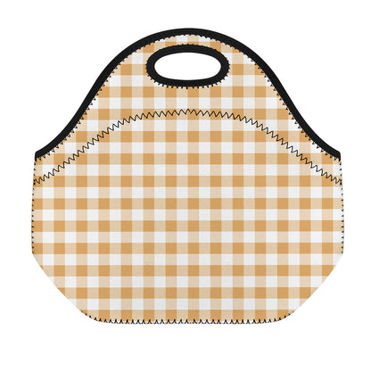 Brown And White Gingham Pattern Print Neoprene Lunch Bag