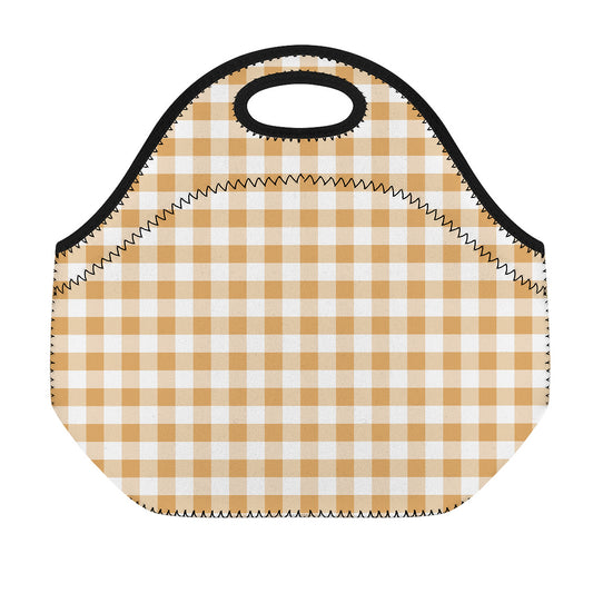 Brown And White Gingham Pattern Print Neoprene Lunch Bag