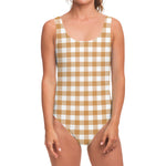 Brown And White Gingham Pattern Print One Piece Swimsuit