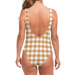 Brown And White Gingham Pattern Print One Piece Swimsuit