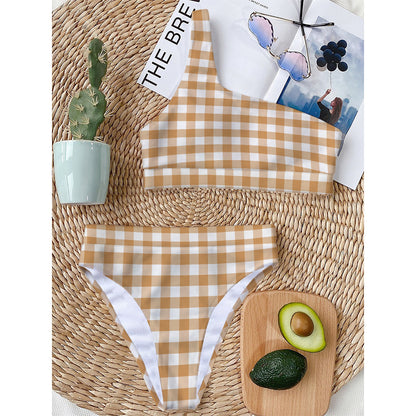 Brown And White Gingham Pattern Print One Shoulder Bikini Top