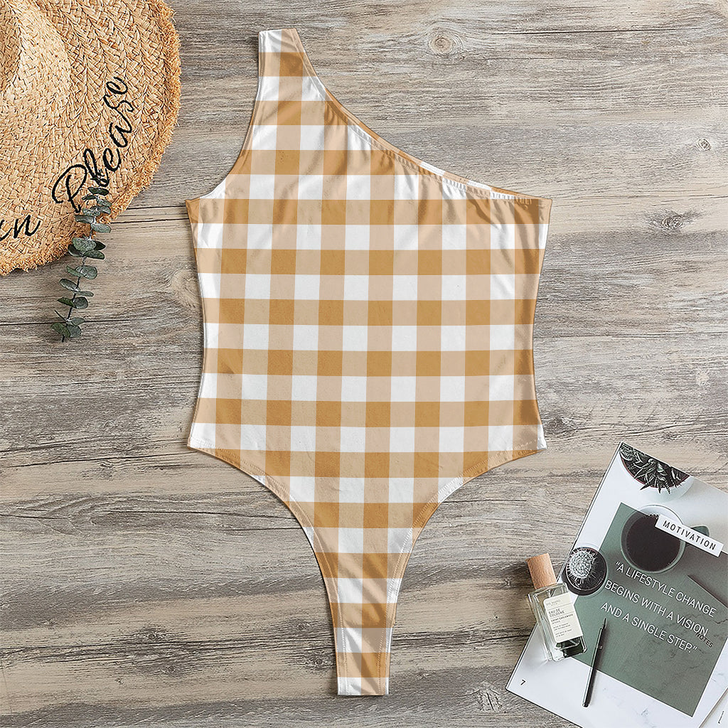 Brown And White Gingham Pattern Print One Shoulder Bodysuit