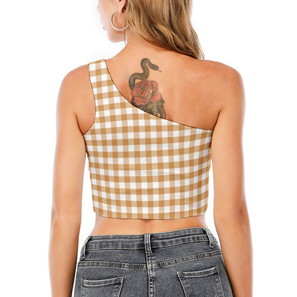 Brown And White Gingham Pattern Print One Shoulder Crop Top