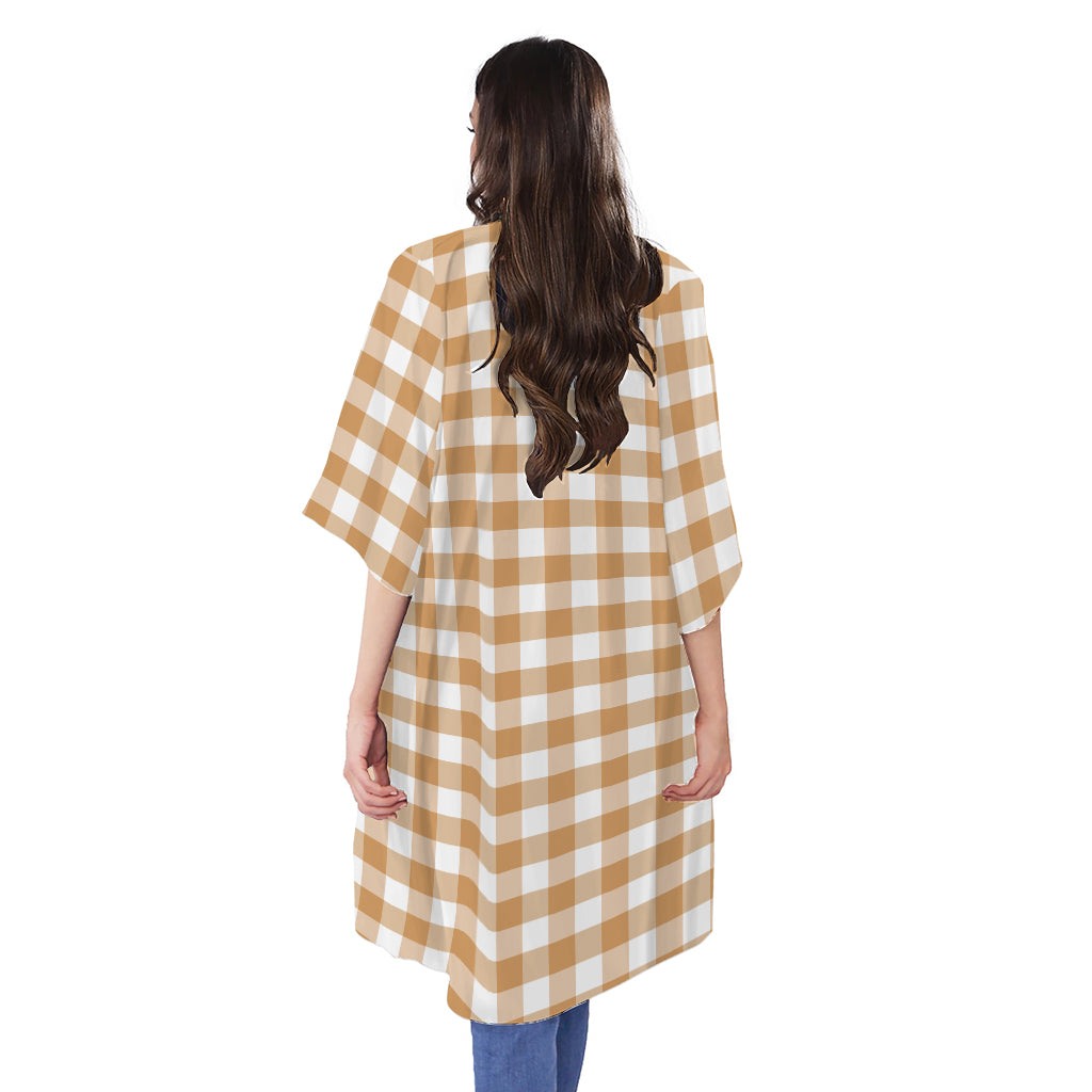Brown And White Gingham Pattern Print Open Front Beach Cover Up