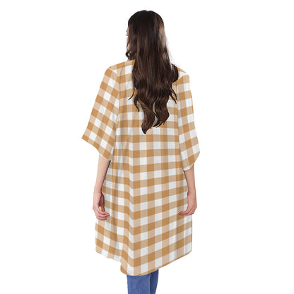 Brown And White Gingham Pattern Print Open Front Beach Cover Up