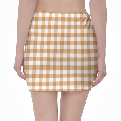 Brown And White Gingham Pattern Print Pencil Mini Skirt