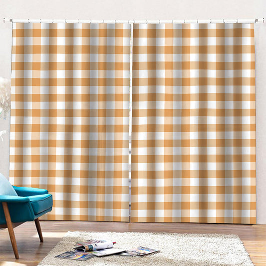Brown And White Gingham Pattern Print Pencil Pleat Curtains