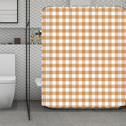 Brown And White Gingham Pattern Print Polyester Shower Curtain