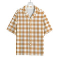 Brown And White Gingham Pattern Print Rayon Hawaiian Shirt