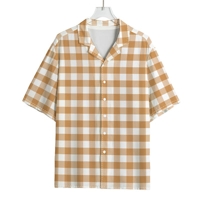Brown And White Gingham Pattern Print Rayon Hawaiian Shirt