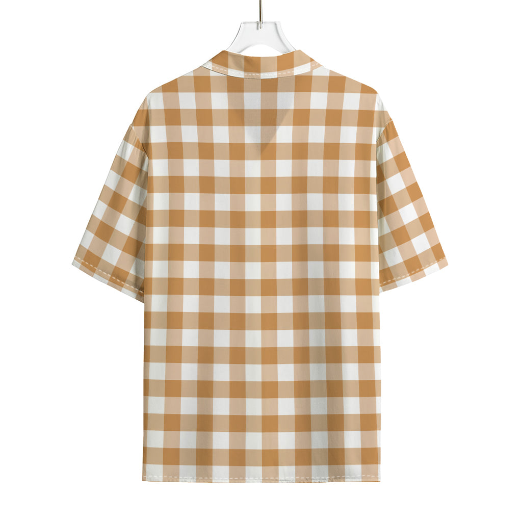 Brown And White Gingham Pattern Print Rayon Hawaiian Shirt