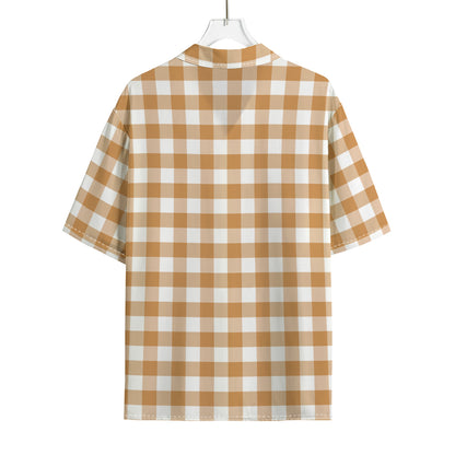 Brown And White Gingham Pattern Print Rayon Hawaiian Shirt