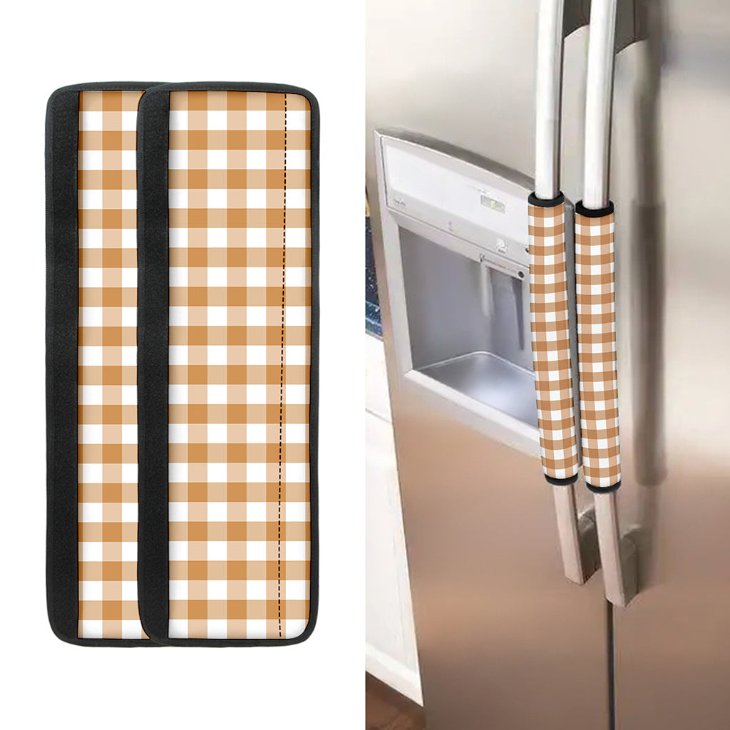 Brown And White Gingham Pattern Print Refrigerator Handle Covers