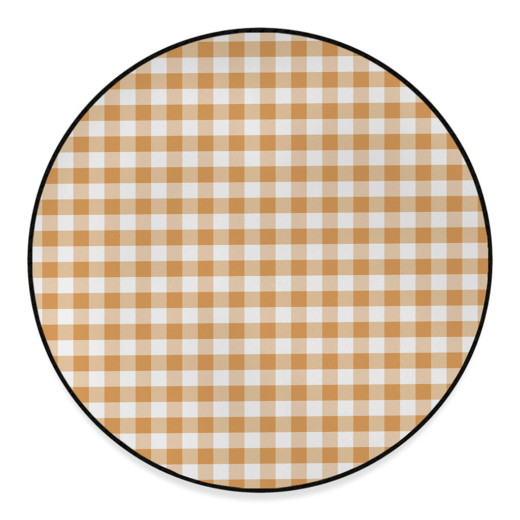 Brown And White Gingham Pattern Print Round Floor Mat