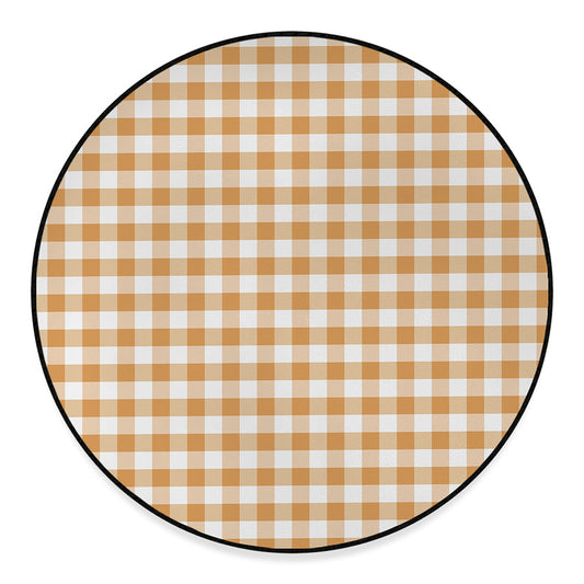 Brown And White Gingham Pattern Print Round Floor Mat