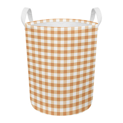 Brown And White Gingham Pattern Print Round Laundry Basket