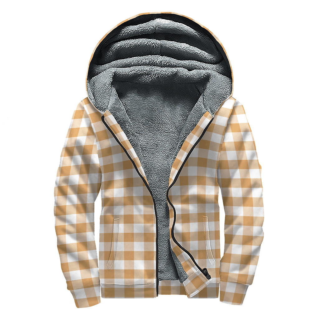 Brown And White Gingham Pattern Print Sherpa Lined Zip Up Hoodie