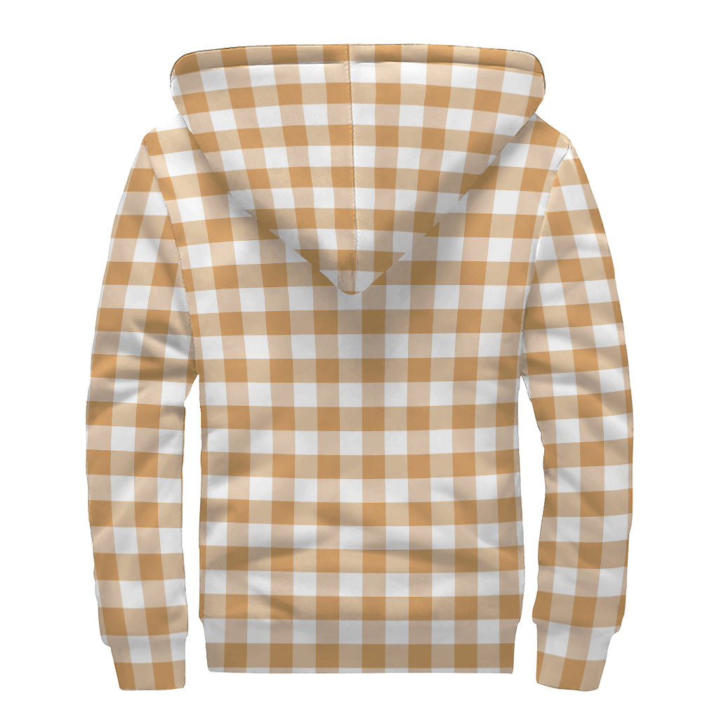 Brown And White Gingham Pattern Print Sherpa Lined Zip Up Hoodie