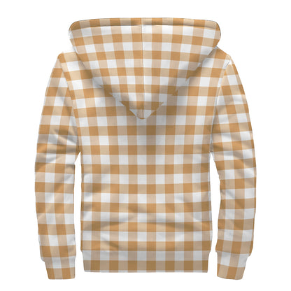 Brown And White Gingham Pattern Print Sherpa Lined Zip Up Hoodie