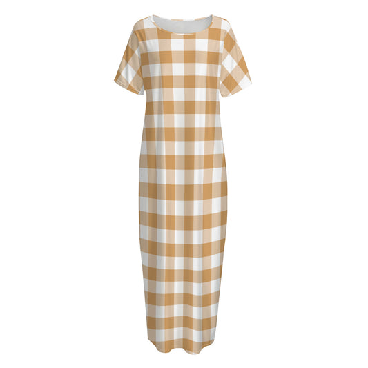 Brown And White Gingham Pattern Print Short Sleeve Long Nightdress